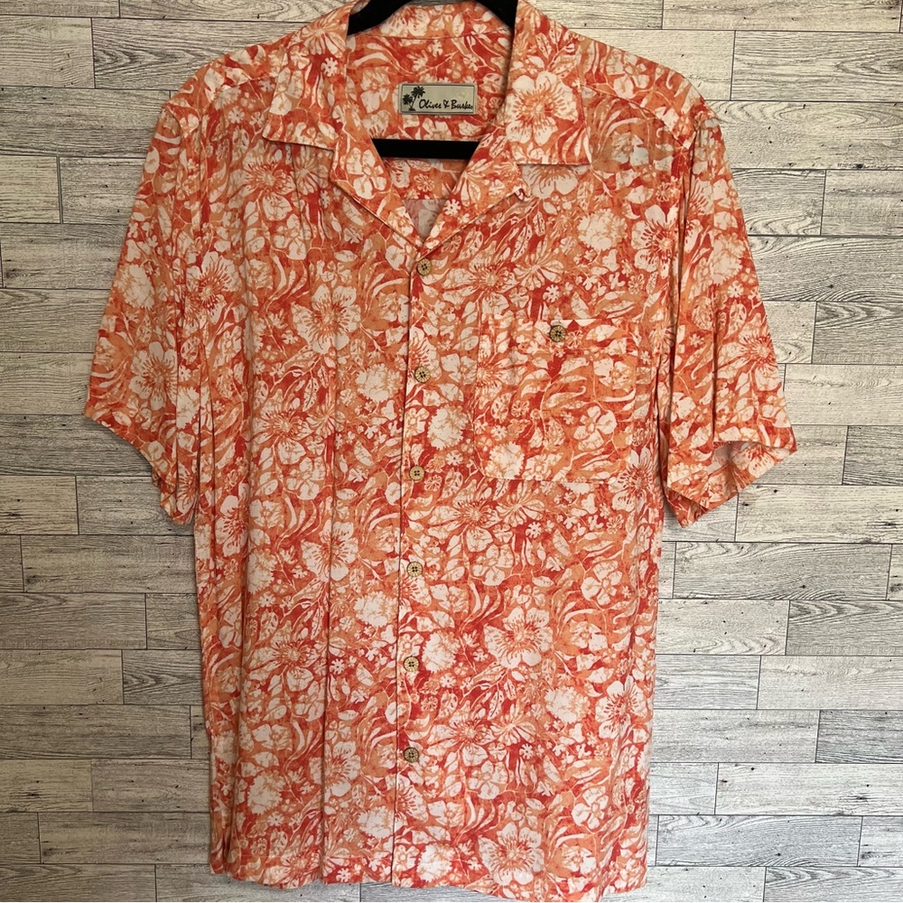 Oliver & Burke Hawaiian Shirt Mens Med Orange Hawaiian Flower Button Front Aloha